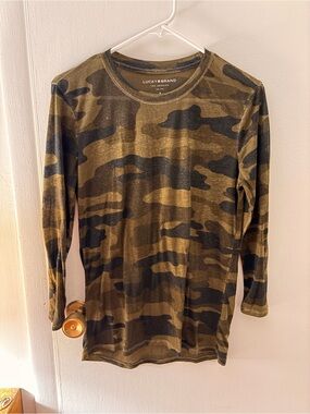 Lucky Brand Camo 3/4 Sleeve Tee - Olive Green & Black